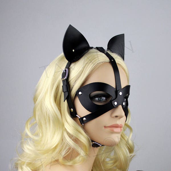 Leather cat mask,  petplay mask, cat ears