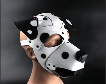 Dalmatian leather mask, leather dog mask, dog hood, pet play hood, puppy mask