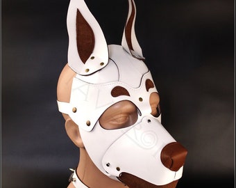 White leather dog mask, leather pup hood, pet play hood
