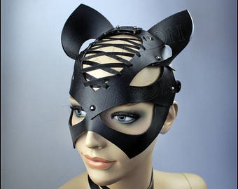 Leather cat mask, woman mask, cat ears, masquerade mask, party mask