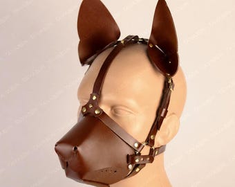 Leather dog mask with Head harnes | Pup hood