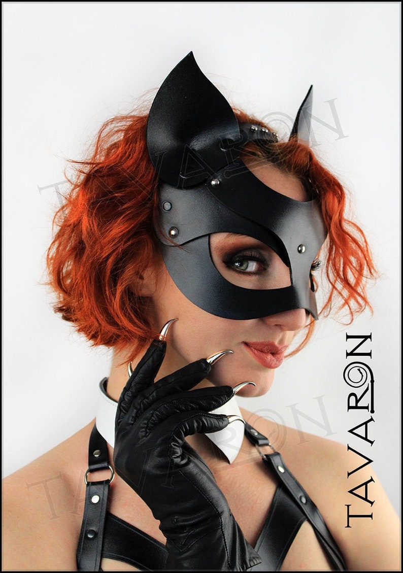 FRLUYNG Masque Chat Halloween Cuir Synthétique - Style Catwoman - Noir Brillant