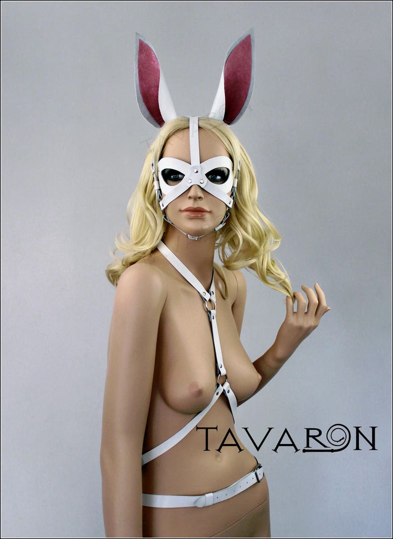 Party mask Bunny ears Leather bdsm mask Petplay mask Leather bunny mask White leather rabbit mask Halloween mask Leather fetish mask