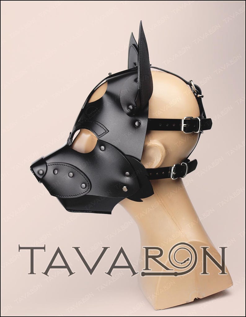 Puede incluir: Una m&aacute;scara de cuero negro estilo perro con orejas puntiagudas, recortes para los ojos y un hocico. La m&aacute;scara tiene correas ajustables con hebillas plateadas. La palabra "TAVARON" est&aacute; impresa en la parte inferior de la imagen.