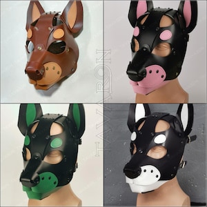 May include: Four different leather dog masks. The masks are black, brown, and black with green and white accents. The masks have a snout, ears, and eye holes.