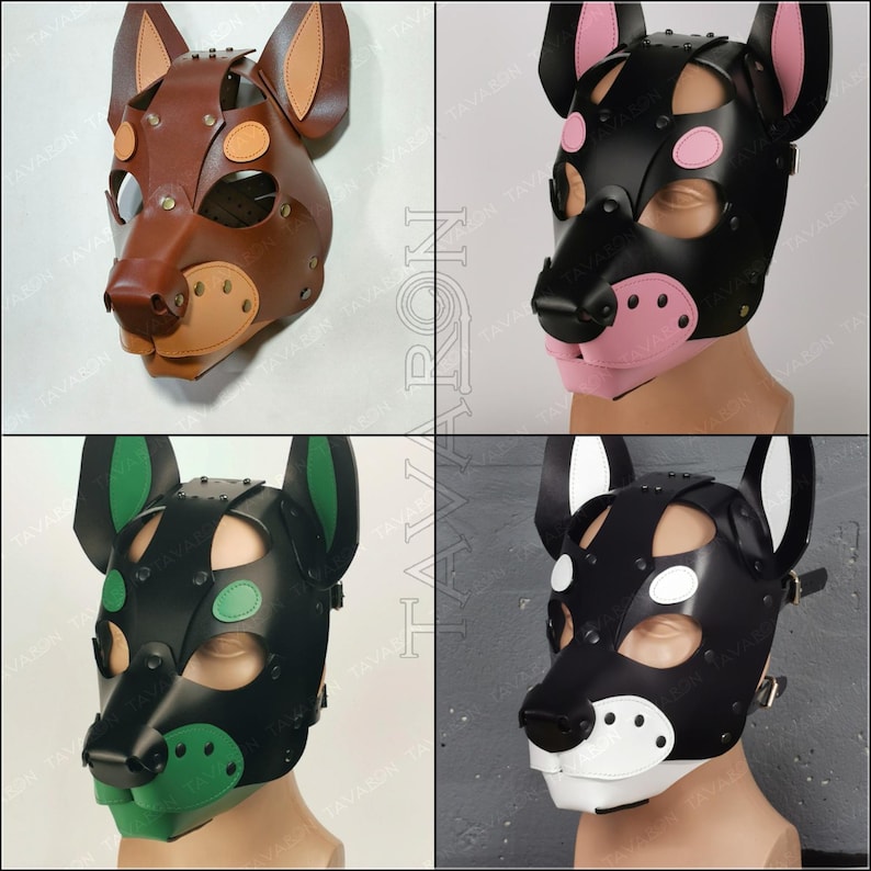 May include: Four different leather dog masks. The masks are black, brown, and black with green and white accents. The masks have a snout, ears, and eye holes.