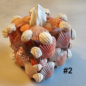 Puede incluir: Una lámpara decorativa hecha de varias conchas marinas en tonos naranja, blanco y marrón. La lámpara tiene una apariencia única y texturizada con una pantalla de papel en la parte superior. El número "#2" es visible en la parte inferior derecha.