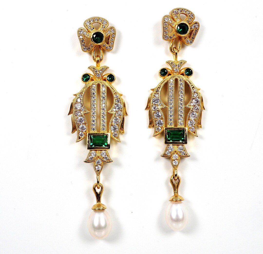 Chandelier Style Earrings Emeralddiamond Earrings 14K Etsy
