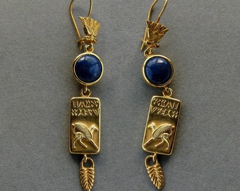 Ancient Gold Earring - Babylon Earring - Assyrian Earring - 14K  Gold -  Lapis Lazuli Earrings - Archeological - Museum