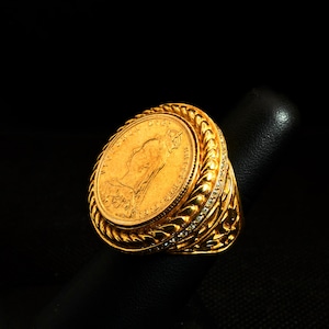 Coin ring, Big men&#39;s ring, Heavy ring, Round ring, 14K Gold, Diamonds