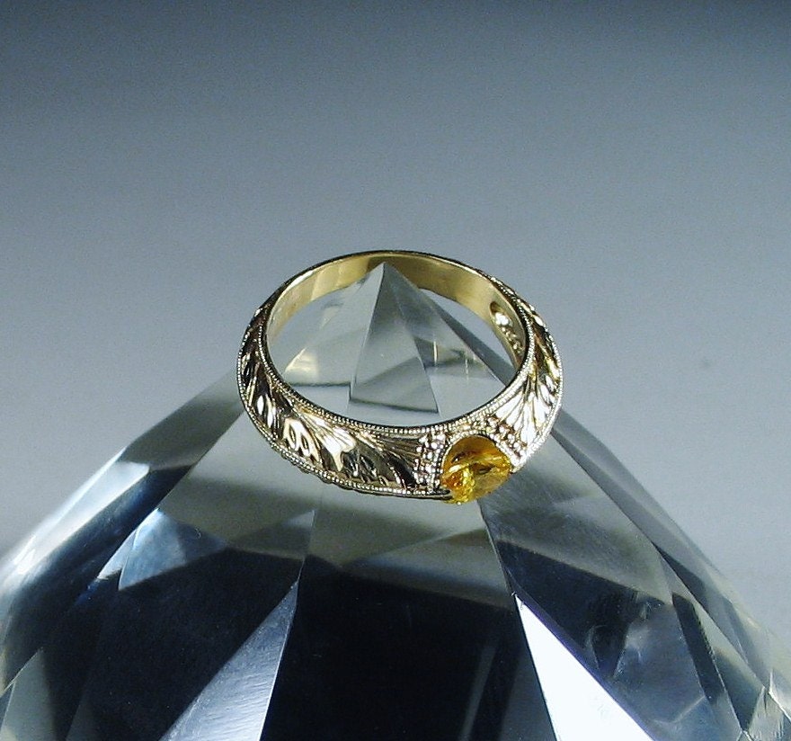 Yellow Sapphire Ring Hand Engraved 14K White Gold Ring - Etsy UK