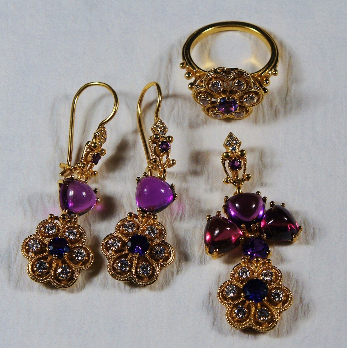 Edwardian Style Jewelry Set 14K Gold Set Museum Gold Amethyst Sapphire