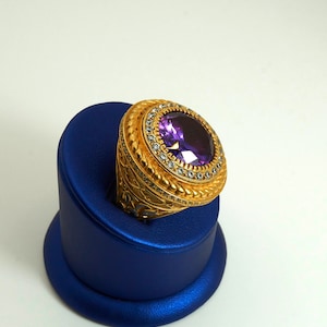 Gold-Diamond Bishop ring, Round ring, Big men&#39;s ring, Heavy gold ring, 14K Gold, Amethyst, Diamonds, Purple, Violet