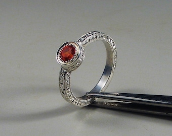 Sapphire Ring, Hand Engraved Sterling Silver Ring, Orange Sapphire Ring, Padparadsha, 925Silver Ring - Art Deco