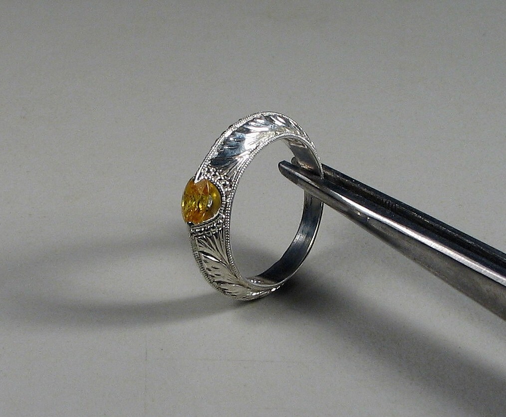 Yellow Sapphire Ring Hand Engraved 14K White Gold Ring - Etsy UK