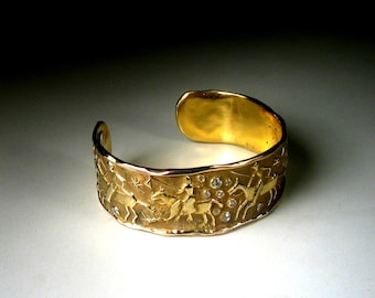 Ancient Cuff  14K gold  Bracelet - Primitive Style Bracelet - Cuff Gold Bracelet With Diamonds - Archeology - Neolith - Museum