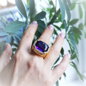 Oversize Ring – Very big Ring - Large Ring - Gold-Diamond Bishop Ring – Unisex Ring – Rectangular Ring – 14K Gold Ring – Amethyst – Purple