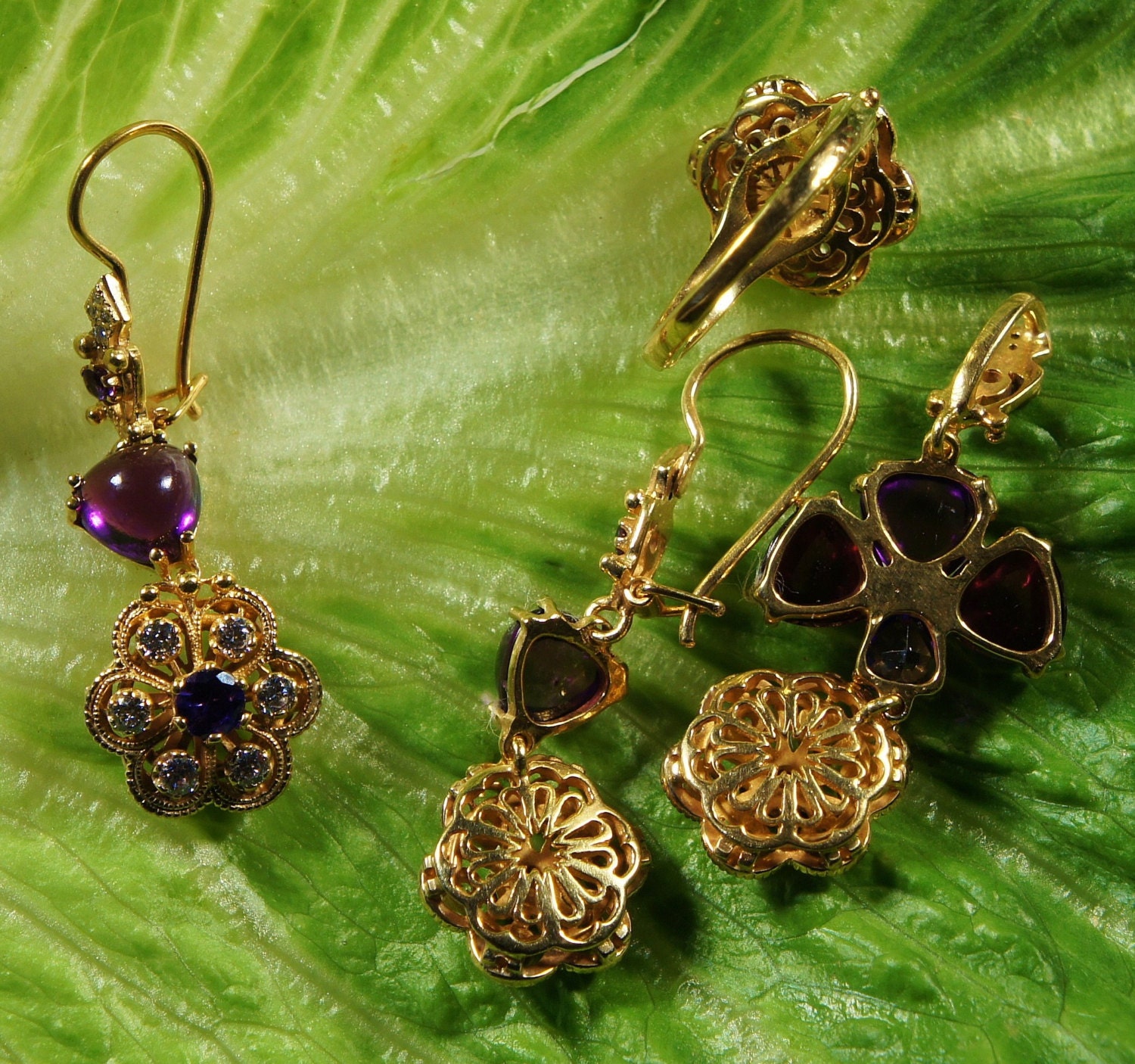 Edwardian Style Jewelry Set 14K Gold Set Museum Gold Amethyst Sapphire