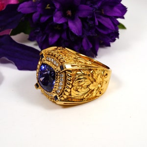 Oversize Ring - 14K Gold Ring - Setting Frame - Hand Engraving - Tanzanite Ring