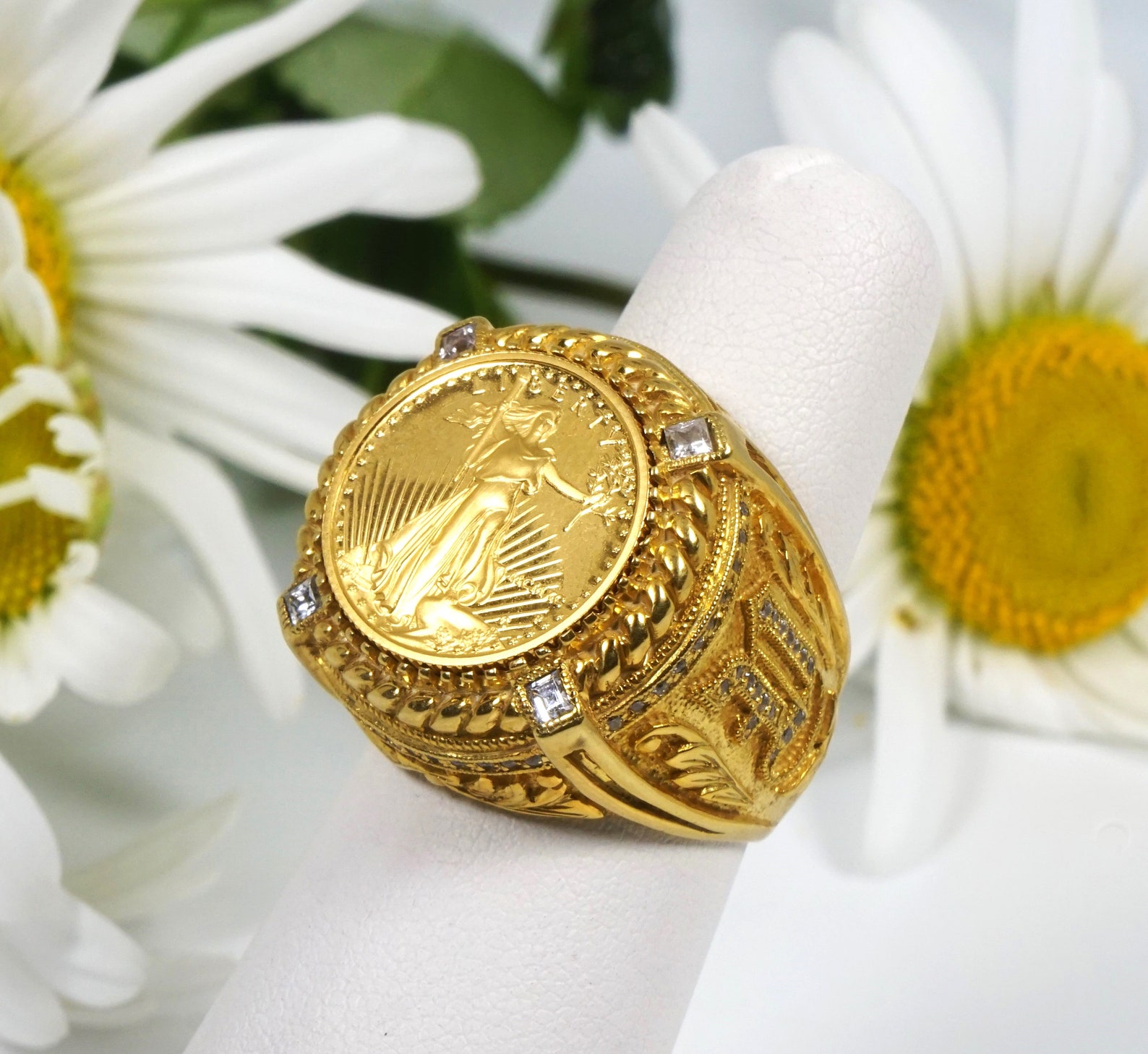 Coin Ring, Big Unisex Ring, Heavy Ring, Round Ring, 14K Gold, Diamonds ...