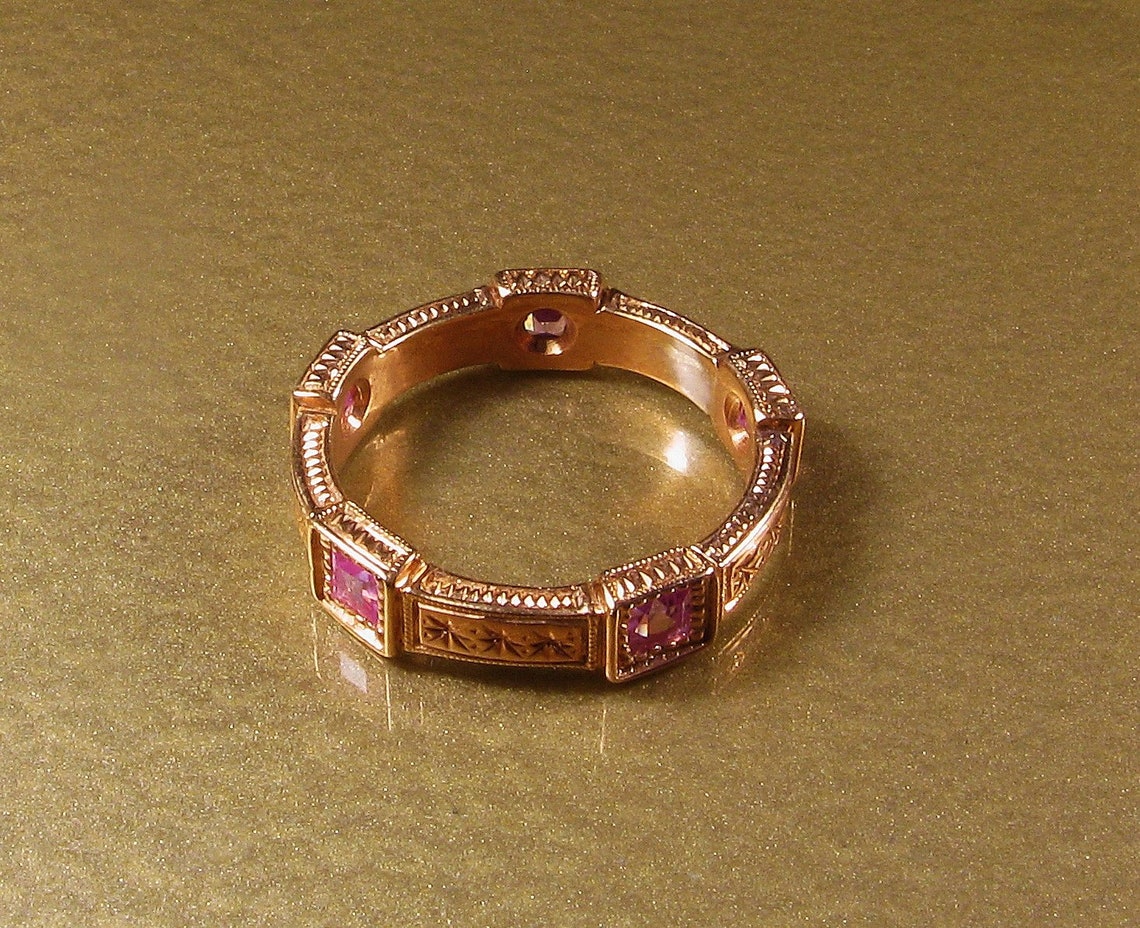Art Deco Band ring 14K Rose Gold Pink Sapphires Hand Etsy
