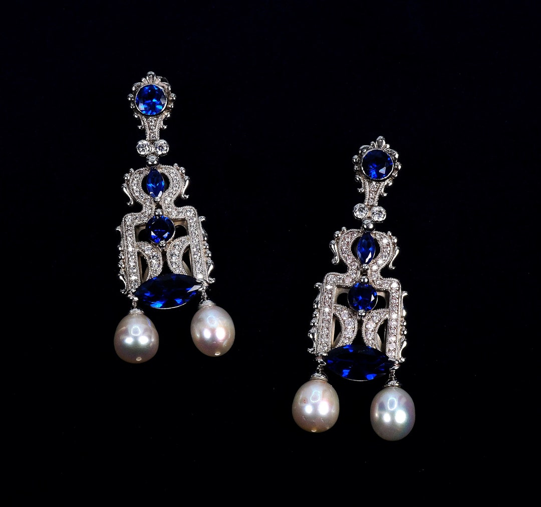 Chandelier Style Earrings Pearl Earrings Blue Sapphire Diamond Earrings