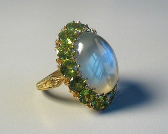 Cocktail Ring - Aquamarine Ring - Peridot Ring - Classic Ring -  Big Ring -  Аrt Deco - 14K - 18K - Cabochon - Aquamarine - Peridot