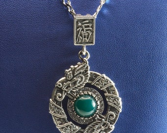 Chinese style Pendant, Dragon Pendant, Symbol Charm, Jade Pendant, Silver 925, Jade, Diamonds,  Happiness