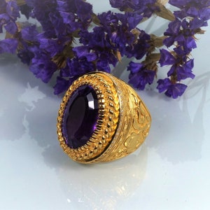 Oversize Ring – Very big Ring – Large Heavy Ring – Gold-Diamond Bishop Ring – Unisex Ring – Oval Ring – 14K Gold Ring – Amethyst – Purple