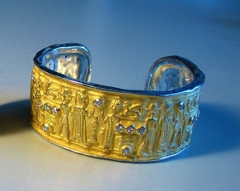 Ancient Cuff Bracelet - Gold Plated Sterling Silver   - Massive Heavy Cuff Bracelet  with CZs - Archeology - Neolith