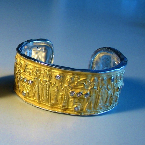 Ancient Cuff Bracelet - Gold Plated Sterling Silver   - Massive Heavy Cuff Bracelet  with CZs - Archeology - Neolith