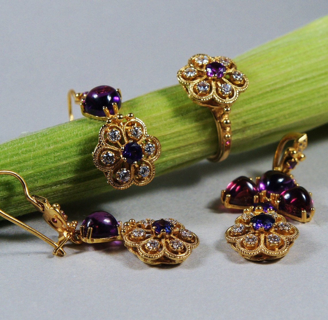 Edwardian Style Jewelry Set 14K Gold Set Museum Gold Amethyst Sapphire