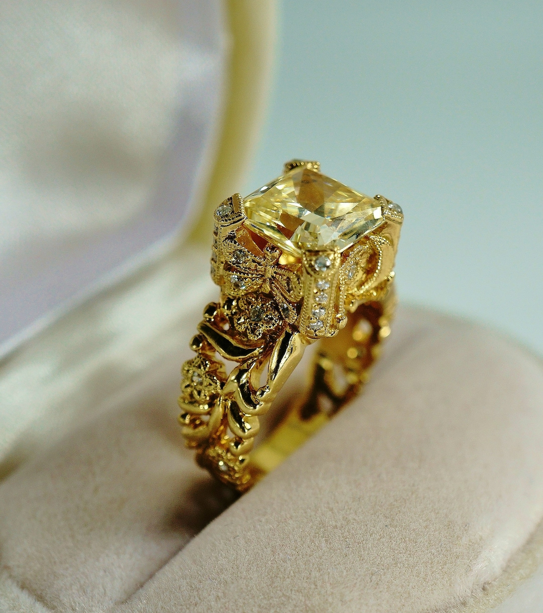 Yellow Stone Engagement Gold Ring Square Stone Engagement Ring Art Nouveau Engagement Ring