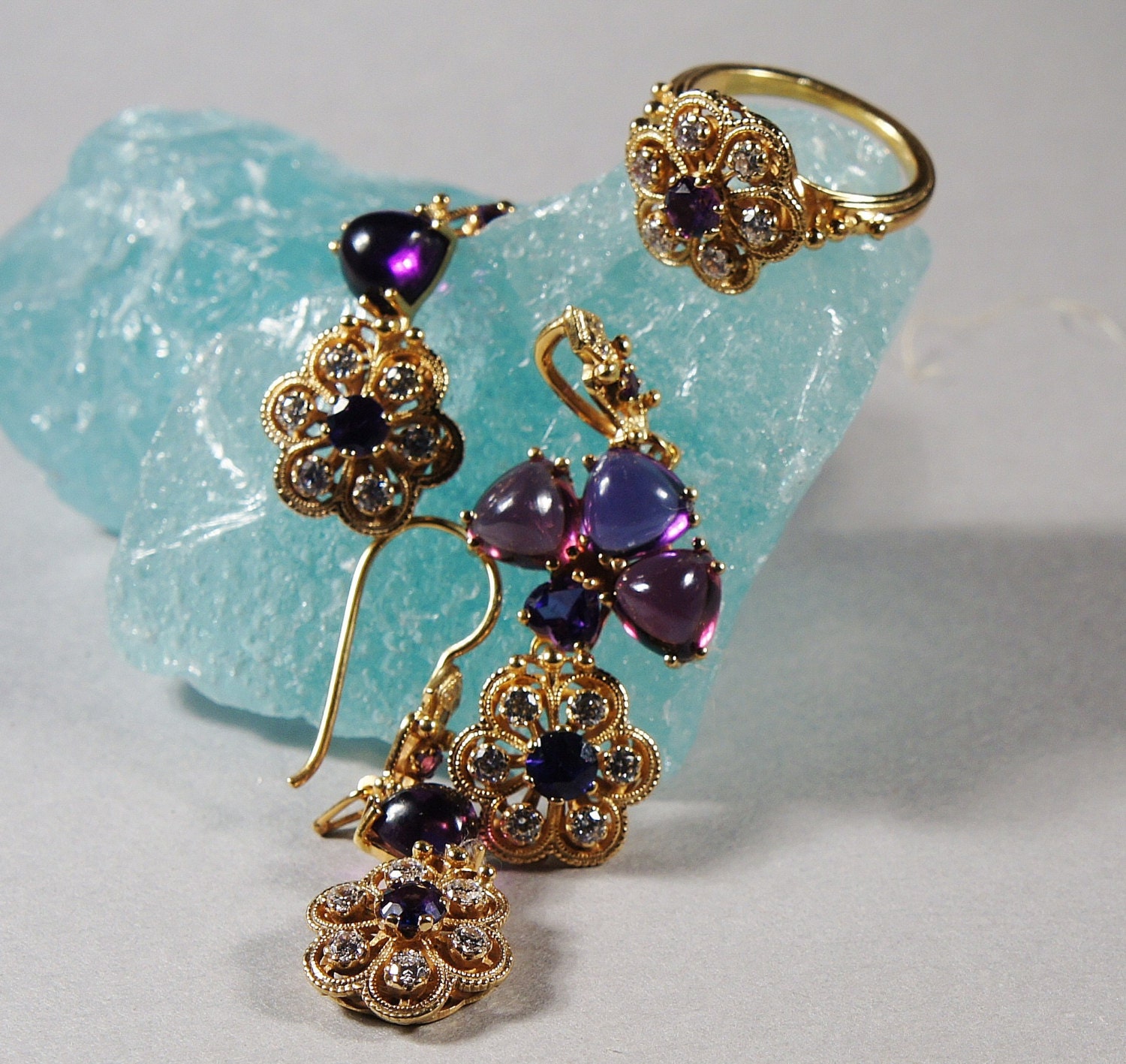 Edwardian Style Jewelry Set 14K Gold Set Museum Gold Amethyst Sapphire