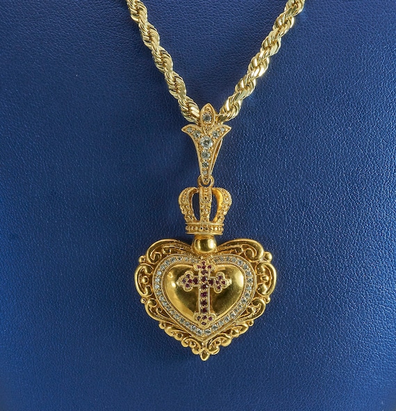 Heart Pendant, Cross Ruby Pendant, Victorian Pendant, 14K Gold, Diamonds, Rubies