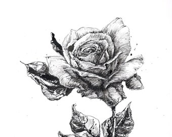 Obra de arte original, boceto de tinta de rosa, dibujo de rosa, arte original de rosa, arte de boceto original, arte de rosa con flores, obra de arte de rosa, decoración de pared con flores