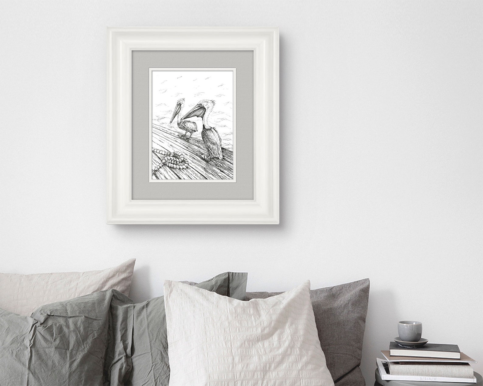 Pelican Ink Art, Original Artwork, Boardwalk Drawing, Nautical Decor ...