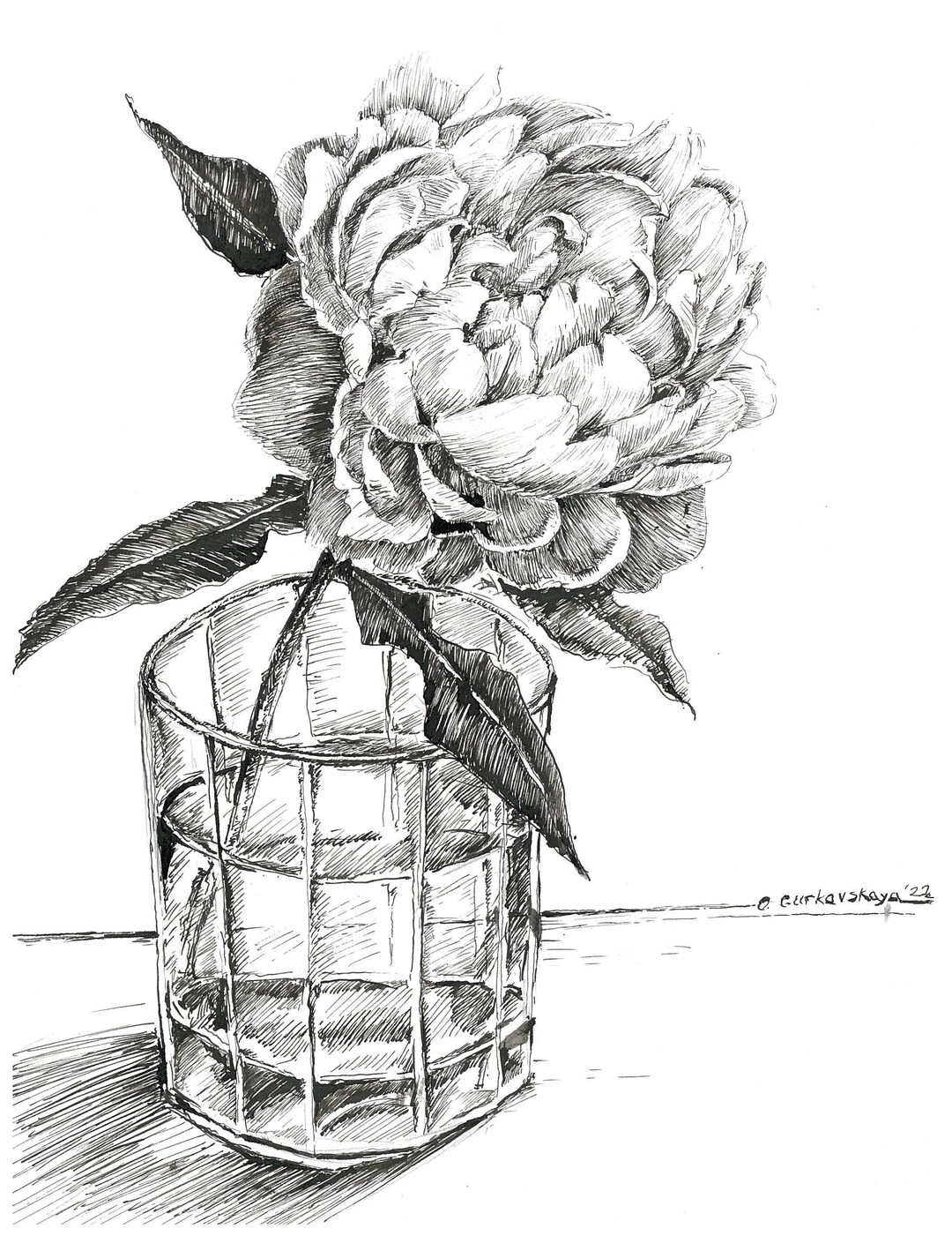 水墨画 花瓶の花 牡丹の植物の水墨画、牡丹の花、水墨画の花、オリジナルの水墨画