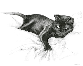 Black cat drawing, cat art print, pen and ink sketch, cat sketch, laying cat, cat pen ink, cat sketch art, black and white, cat lover decor