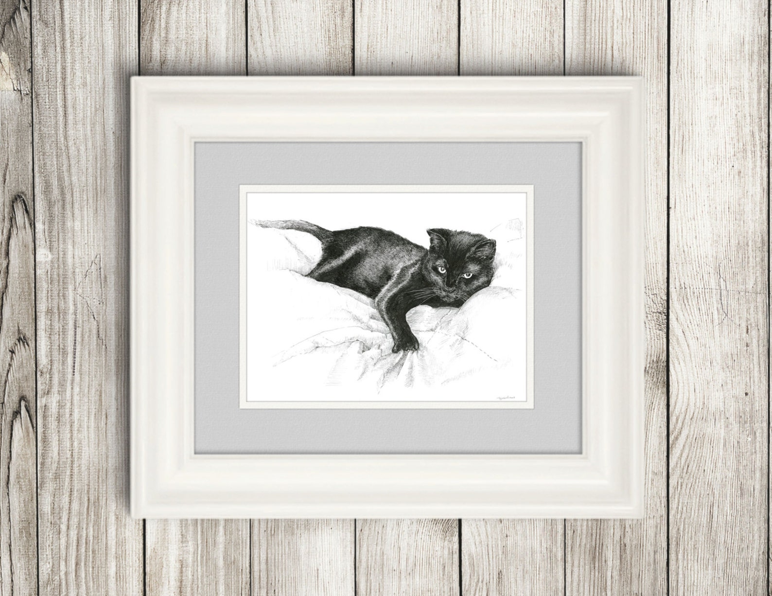 Black cat illustration black and white pictures prints of Etsy