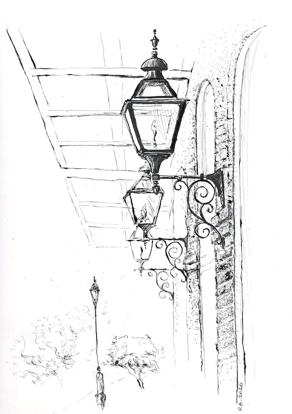 Street Lantern Drawing, French Quarter Sketch, Pen and Ink Original Sketch  Art, New Orleans Art, City Street Artwork, Black and White, NOLA 