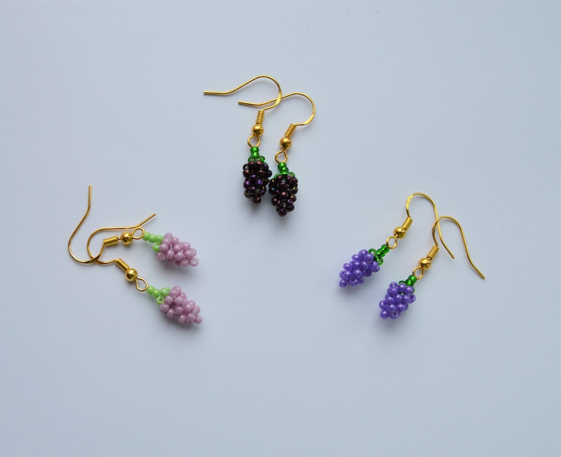 Grapes Beaded Dangle Earrings Gold Hoops Fruit Jewelry Small | Etsy