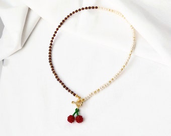 Cherry Pearls choker necklace for women with fruits beads Handmade Beaded fruit pearl jewelry natural garnet stone