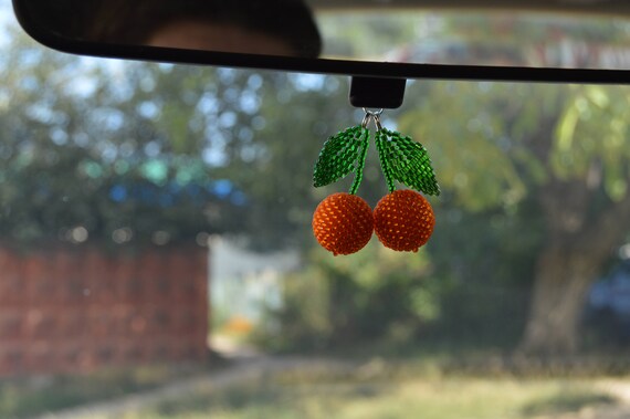 Car Accessories for Women/ Cherry Rear View Mirror Charm Handmade Fruit  Beaded Decor 