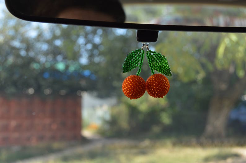 cherry Car accessories for women Rear view mirror charm for accessories Tangerine charm beaded car charm orange car charm image 2