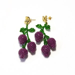 Beaded Purple Grape earrings , Dangle fruit jewelry fashion, 14k Gold Plated Earrings, berry earrings, food earrings, berry jewelry Handmade