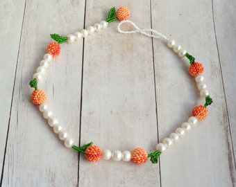 Pearl choker necklace for women with fruits peach beads Summer jewelry Handmade fruit