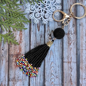 Tassel  Keychain for women  Black Beaded bag charm Beaded accessories for bags Purse charm Beaded ball Women handbag
