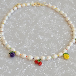 Pearl choker necklace for women with fruits beads Summer jewelry Handmade fruit