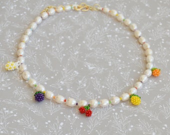 Pearl choker necklace for women with fruits beads Summer jewelry Handmade fruit